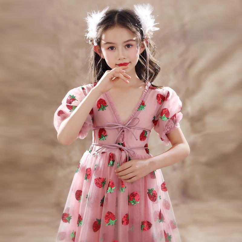 Sequined Children's Dress Girls' Pink Strawberry Princess Formal Dress Piano Performance Birthday