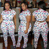 Women Plus Size Co-Ords Butterfly Floral Print Casual Jumpsuit Two-Piece Set