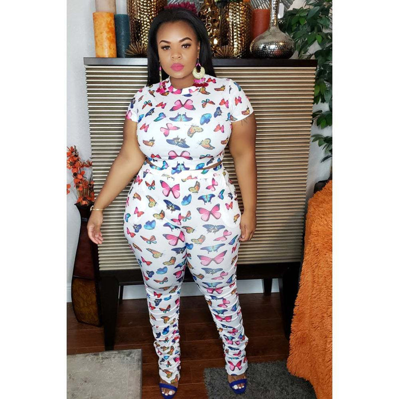 Women Plus Size Co-Ords Butterfly Floral Print Casual Jumpsuit Two-Piece Set