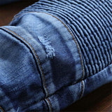 J Shaped Jeans Men's Jeans Motorcycle Pleated Ripped Stretch Trousers