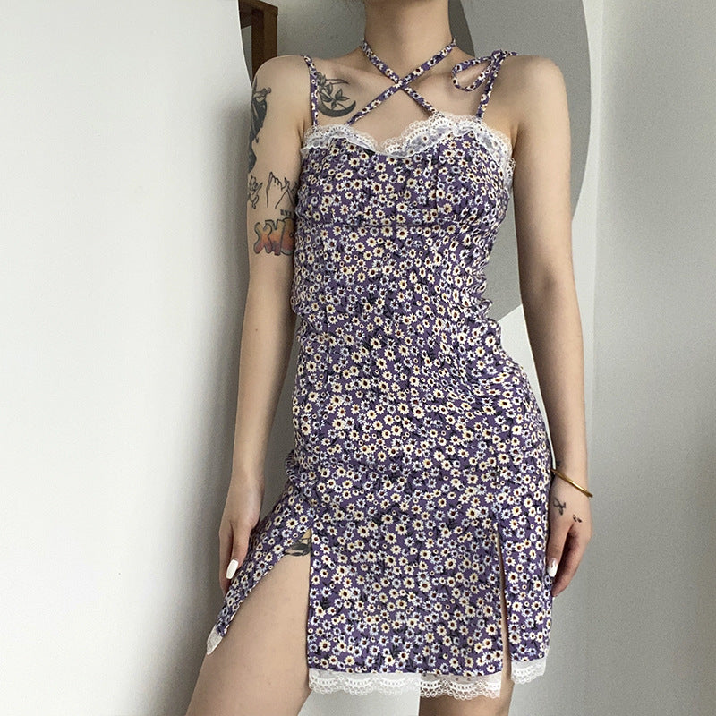 Body Fitting Dresses Summer Backless Slim Fit Lace-up Lace Sling Floral Dress