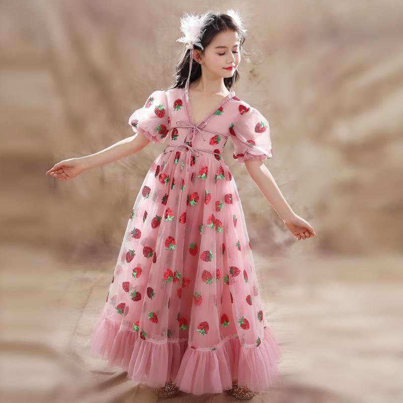 Sequined Children's Dress Girls' Pink Strawberry Princess Formal Dress Piano Performance Birthday