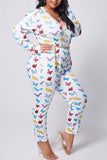 Women Plus Size Jumpsuits Butterfly Print Sexy V-neck Long Sleeve Pocket Jumpsuit