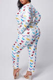 Women Plus Size Jumpsuits Butterfly Print Sexy V-neck Long Sleeve Pocket Jumpsuit