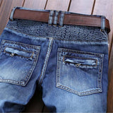 J Shaped Jeans Men's Jeans Motorcycle Pleated Ripped Stretch Trousers