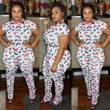 Women Plus Size Co-Ords Butterfly Floral Print Casual Jumpsuit Two-Piece Set