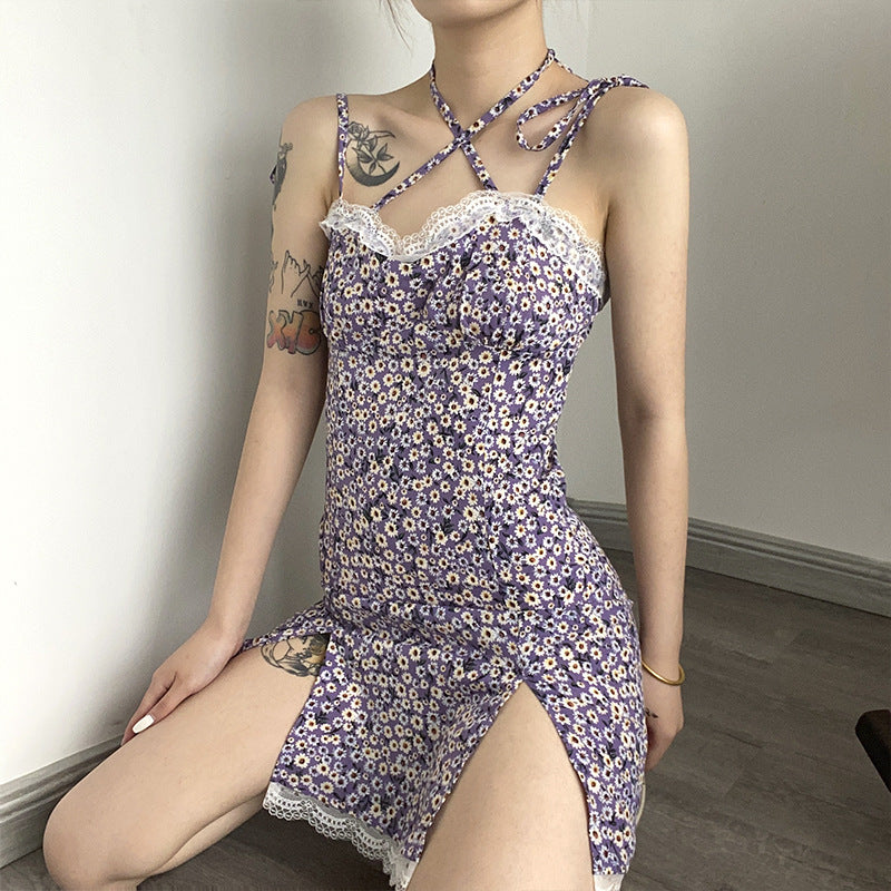 Body Fitting Dresses Summer Backless Slim Fit Lace-up Lace Sling Floral Dress