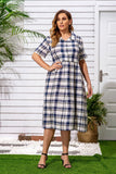 Women Plus Size Midi Dresses Fashion Short Sleeve Plaid Dress