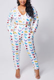 Women Plus Size Jumpsuits Butterfly Print Sexy V-neck Long Sleeve Pocket Jumpsuit