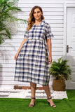 Women Plus Size Midi Dresses Fashion Short Sleeve Plaid Dress