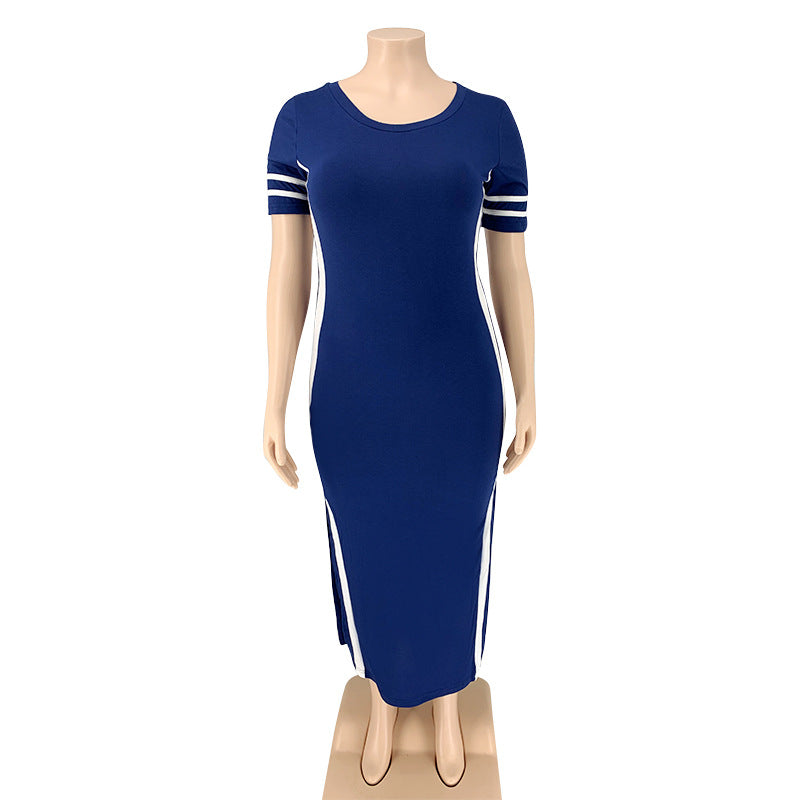 Women Plus Size Maxi Dresses Contrast Cloth Tight Split Long Dress