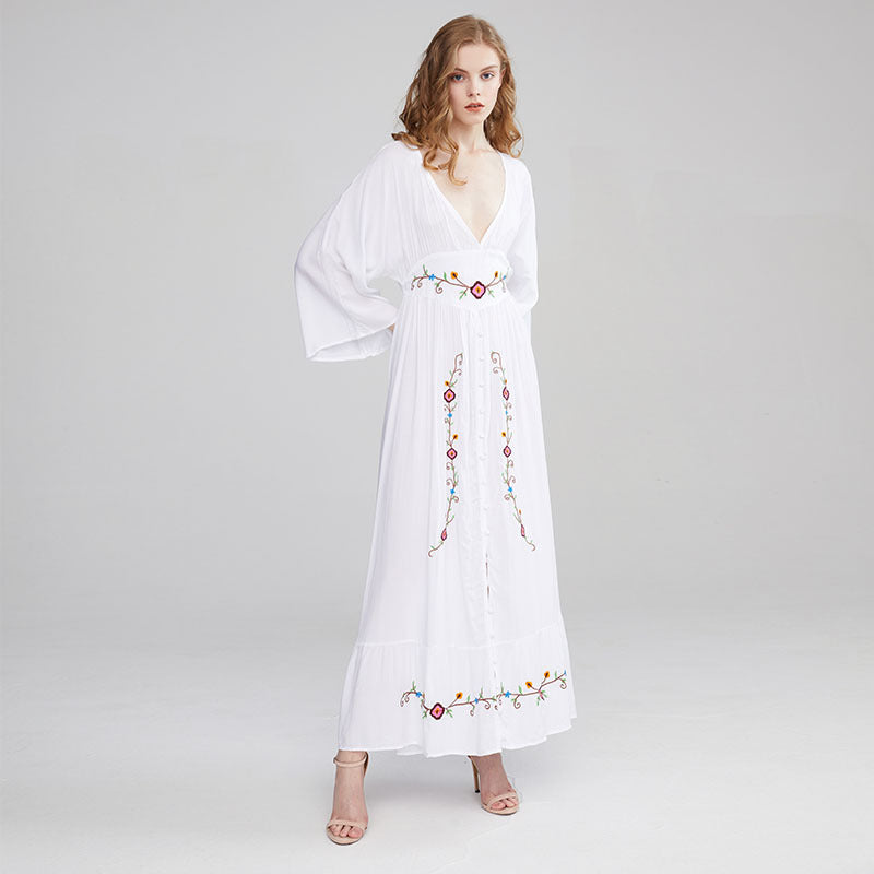 Women Dresses V-neck Embroidered Flower Vacation Style Dress Long Dress