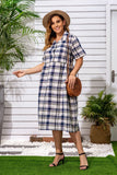 Women Plus Size Midi Dresses Fashion Short Sleeve Plaid Dress