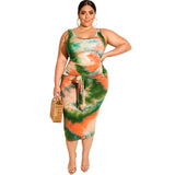 Women Plus Size Co-Ords Summer Tie-Dye Printing Skinny Sheath Fashion Casual Two-Piece Suit