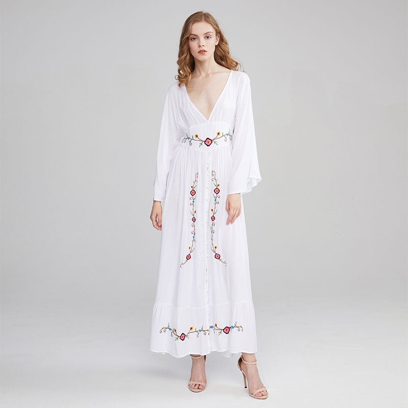 Women Dresses V-neck Embroidered Flower Vacation Style Dress Long Dress