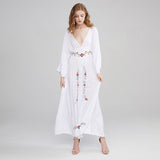 Women Dresses V-neck Embroidered Flower Vacation Style Dress Long Dress
