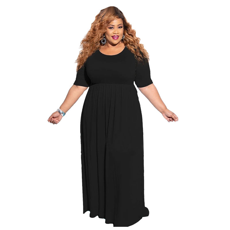 Women Plus Size Maxi Dresses Pleating Large Swing Short Sleeve Dress