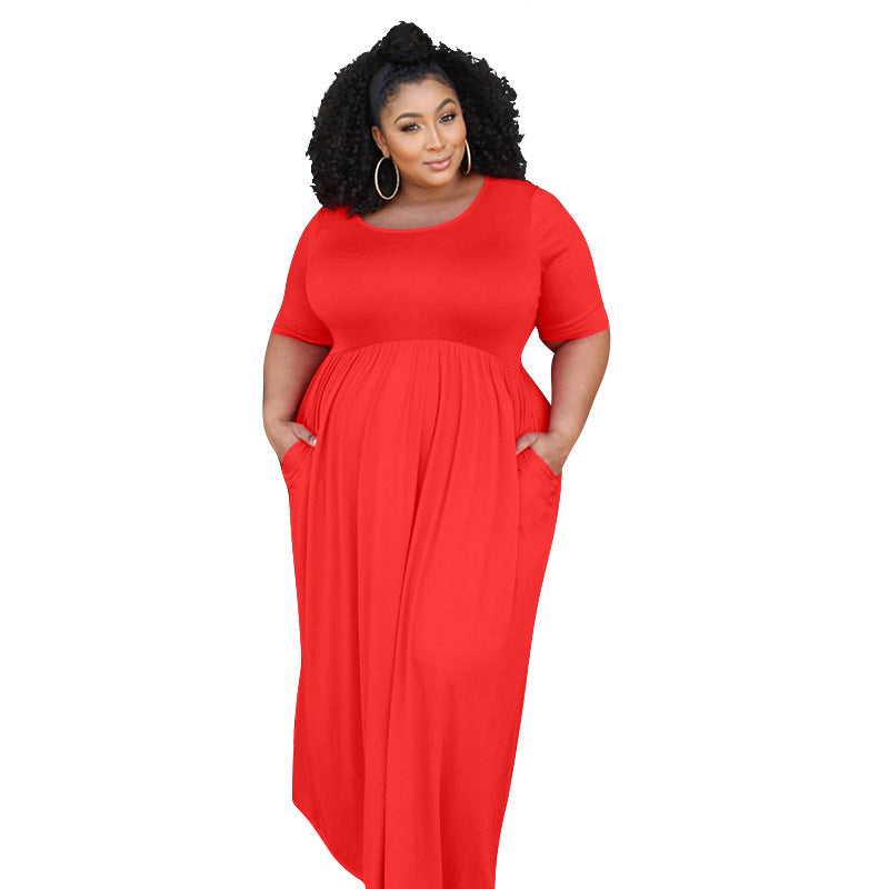 Women Plus Size Maxi Dresses Pleating Large Swing Short Sleeve Dress