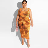 Women Plus Size Co-Ords Summer Tie-Dye Printed Tight Bodycon Fashion Casual Two-Piece Suit