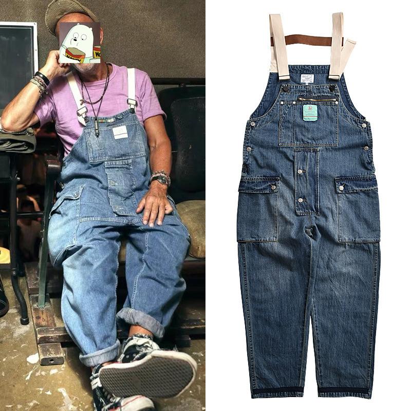 Blue Denim Suspender Pants Men's plus Size Retro Sports Trousers Jumpsuit Trousers Men Denim Overalls
