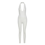 Women's Spring Clothing Sexy Backless Halter Sleeveless V-neck Hip Lifting Sport Jumpsuit