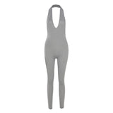 Women's Spring Clothing Sexy Backless Halter Sleeveless V-neck Hip Lifting Sport Jumpsuit