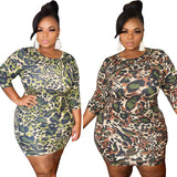 Women Plus Size Mini Dresses Leopard Print Round Neck Tight Sheath Dress