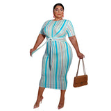 Women Plus Size Midi Dresses Striped Printed Lace Up Fashion Dress