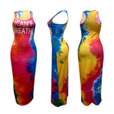 Color Mapping Letter Positioning Printed Suspender Dress