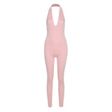 Women's Spring Clothing Sexy Backless Halter Sleeveless V-neck Hip Lifting Sport Jumpsuit