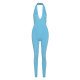 Women's Spring Clothing Sexy Backless Halter Sleeveless V-neck Hip Lifting Sport Jumpsuit