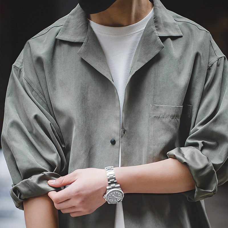Work Shirts Long Sleeve Shirt Loose Leather V-neck Shirt Men