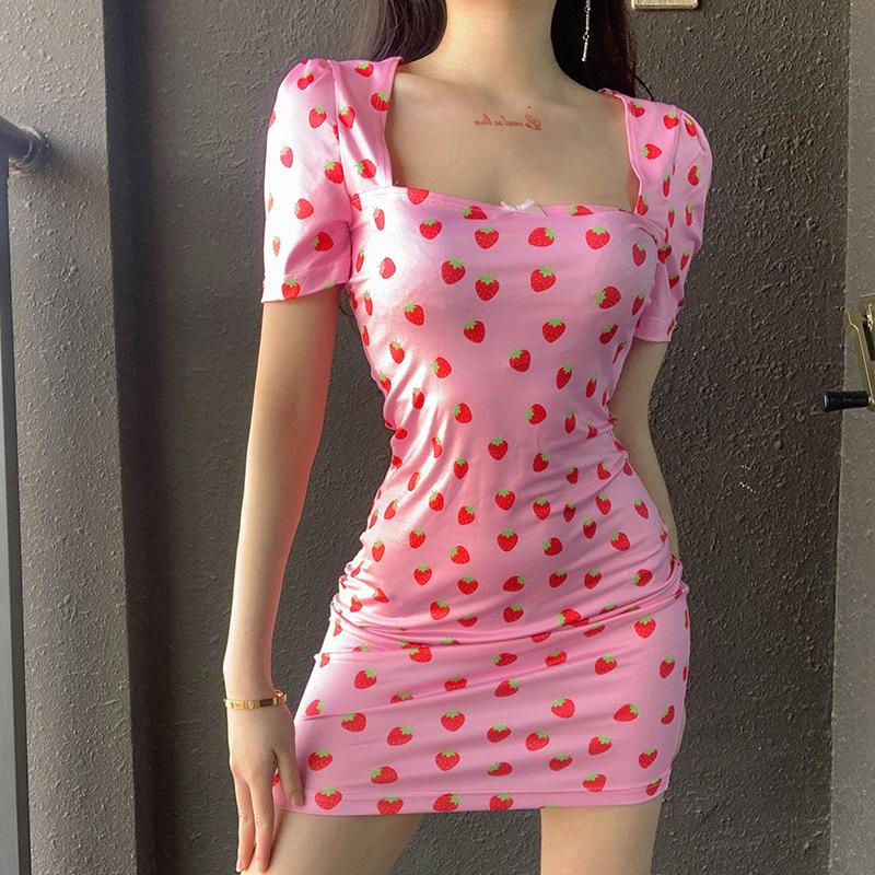 Strawberry Print Butterfly Print Mini  Dress Retro Dress