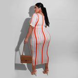 Women Plus Size Midi Dresses Striped Printed Lace Up Fashion Dress