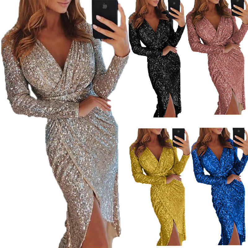 Nina Parker Dresses Bronzing Sexy Long-Sleeved Dress Dinner Slit Slim Dress