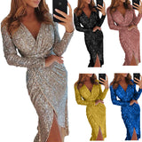 Nina Parker Dresses Bronzing Sexy Long-Sleeved Dress Dinner Slit Slim Dress