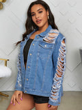 Women Plus Size Denim Coats Loose Plus Size Dark Hole Tassel Denim Jacket Women