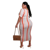 Women Plus Size Midi Dresses Striped Printed Lace Up Fashion Dress