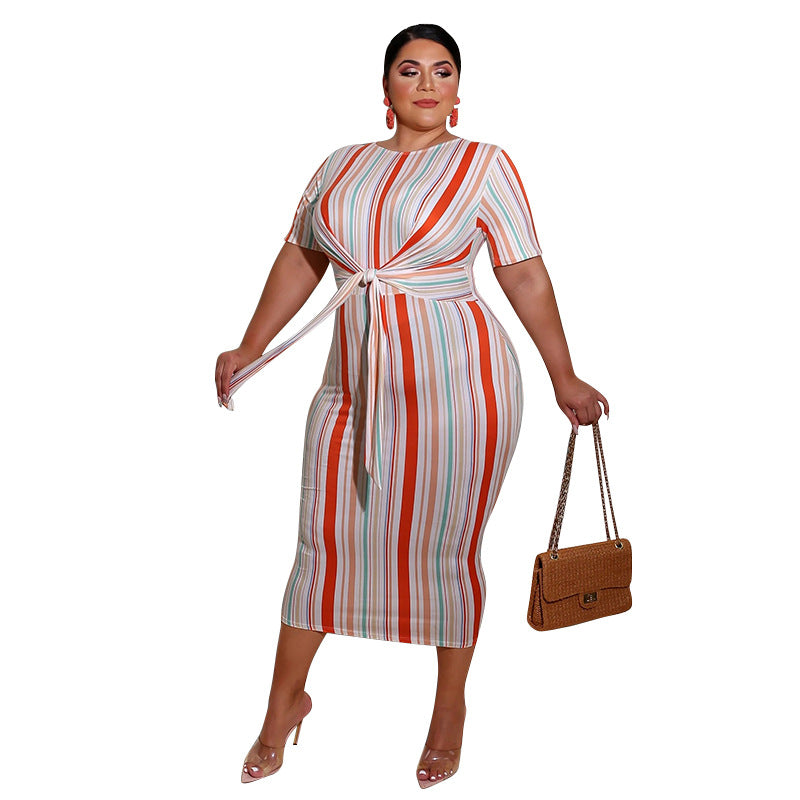 Women Plus Size Midi Dresses Striped Printed Lace Up Fashion Dress