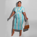 Women Plus Size Midi Dresses Striped Printed Lace Up Fashion Dress