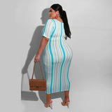 Women Plus Size Midi Dresses Striped Printed Lace Up Fashion Dress