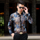 Transparent Shirt for Men Hollow-out Long Sleeve Big Flower Trendy Men's Shirt Embroidered Shirt