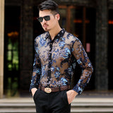 Transparent Shirt for Men Hollow-out Long Sleeve Big Flower Trendy Men's Shirt Embroidered Shirt
