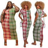 Women Plus Size Maxi Dresses Checkered Color-Block Crew Neck Slim-Fit Maxi Dress