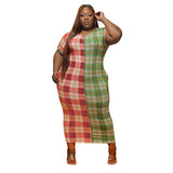 Women Plus Size Maxi Dresses Checkered Color-Block Crew Neck Slim-Fit Maxi Dress