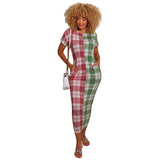 Women Plus Size Maxi Dresses Checkered Color-Block Crew Neck Slim-Fit Maxi Dress