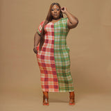 Women Plus Size Maxi Dresses Checkered Color-Block Crew Neck Slim-Fit Maxi Dress