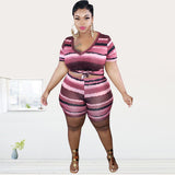 Women Plus Size Co-OrdsV Collar Shorts Short Sleeve Fashion Casual Two-Piece Suit