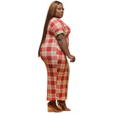 Women Plus Size Maxi Dresses Checkered Color-Block Crew Neck Slim-Fit Maxi Dress