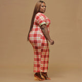 Women Plus Size Maxi Dresses Checkered Color-Block Crew Neck Slim-Fit Maxi Dress